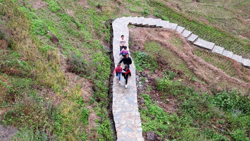 眉山村小學生行經綿竹幫扶修建的山間棧道上學。